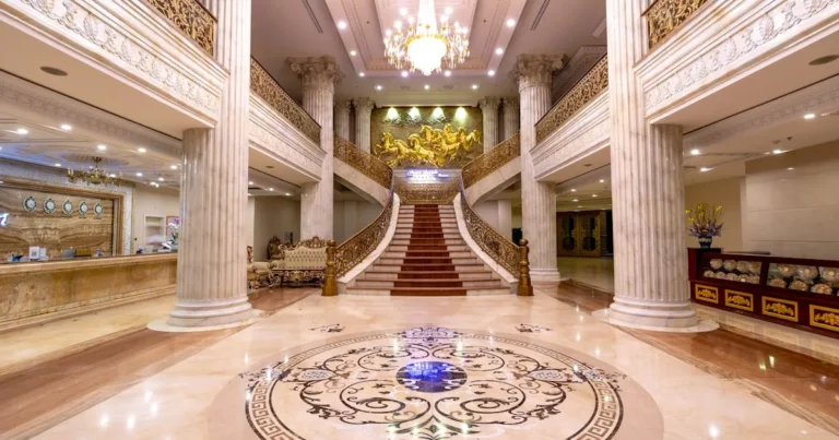 Luxury hotel lobby with marble floors
