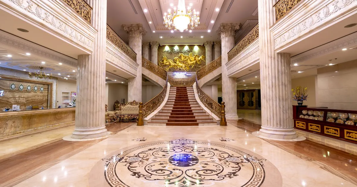 Luxury hotel lobby with marble floors