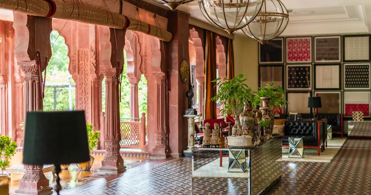 Beautifully designed hotel lobby in Bikaner, Rajasthan, showcasing elegant Indian heritage architect