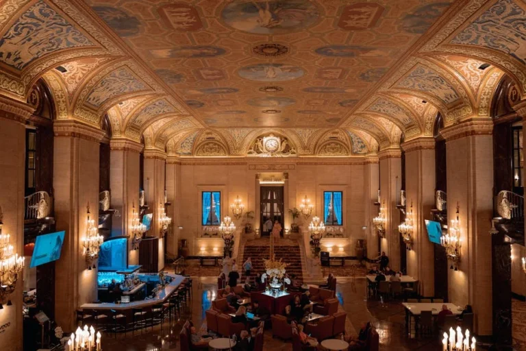 Luxury hotel lobby with chandeliers